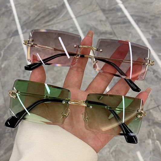 Vintage Women Rimless Frameless Rectangle Shades Gradient UV400 Summer Traveling Sun Glasses